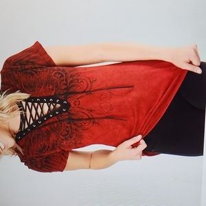 Affliction women's V-neck T- Shirt, Lava Red Wash